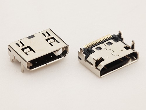 MINI HDMI A型19P母座 板上四腳插板針貼片 有柱 帶彈 鍍鎳
