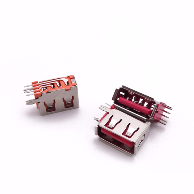 USB 2.0母座 短體10.0側插 魚叉腳 卷邊直邊 紅膠橙膠